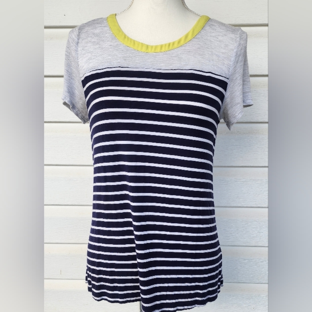 Anthro Skies Are Blue Navy and Gray Striped Tee with Yellow Accent! - Picture 1 of 10